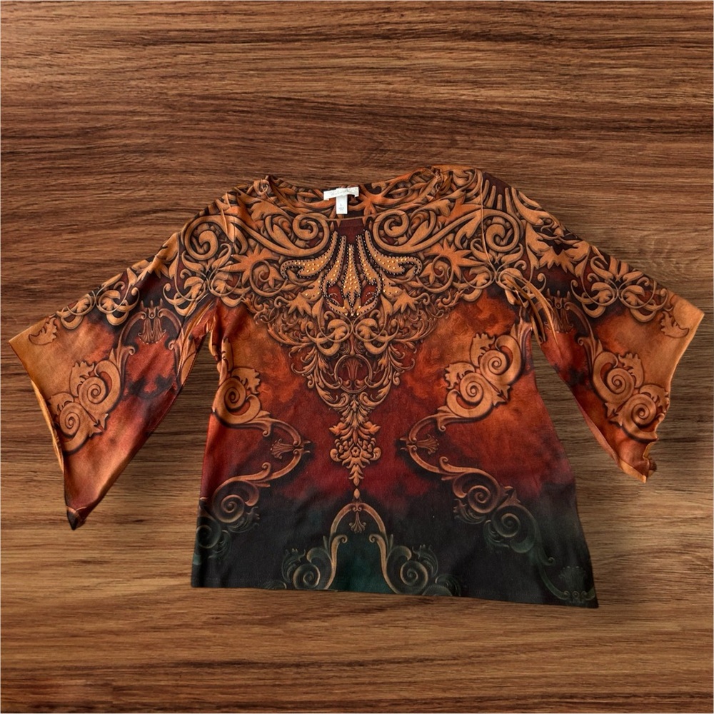 Dressbarn Boho Baroque Ornate Print 3/4 Sleeve Top in Warm Earth Tones Y2K